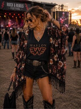 Waylon Logo Graphic Tee with Floral Fringe Kimono